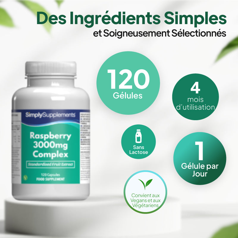 Un flacon du complément alimentaire « SimplySupplements Raspberry 3000 mg Complex » présenté sur un socle blanc, accompagné d'un texte promotionnel en français et de légendes circulaires indiquant « 120 gélules », « 4 mois d'utilisation », « sans lactose » et « une gélule par jour ».