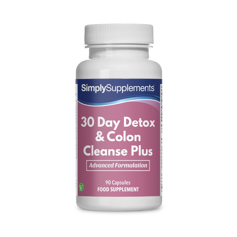 Flacon de compléments alimentaires portant l'étiquette « Détox 30 Jours & Purificateur de Côlon Simply Supplements », de couleur rose sur fond blanc.
