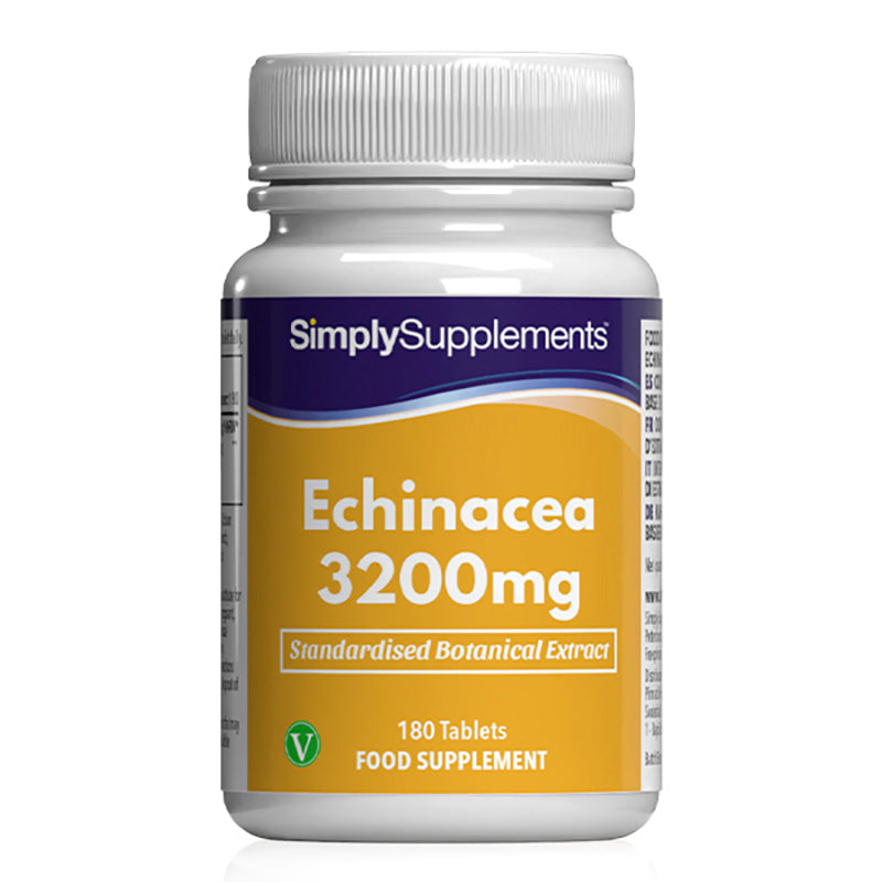 Flacon de compléments alimentaires portant l'étiquette « Echinacée 3200mg Simply Supplements », de couleur jaune sur fond blanc.

