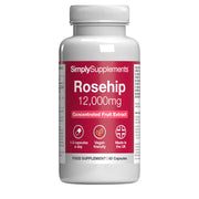 Flacon de compléments alimentaires portant l'étiquette «Églantier 12.000mg  Simply Supplements », de couleur rouge sur fond blanc.
