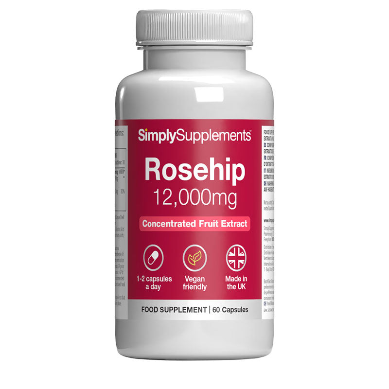 Flacon de compléments alimentaires portant l'étiquette «Églantier 12.000mg  Simply Supplements », de couleur rouge sur fond blanc.
