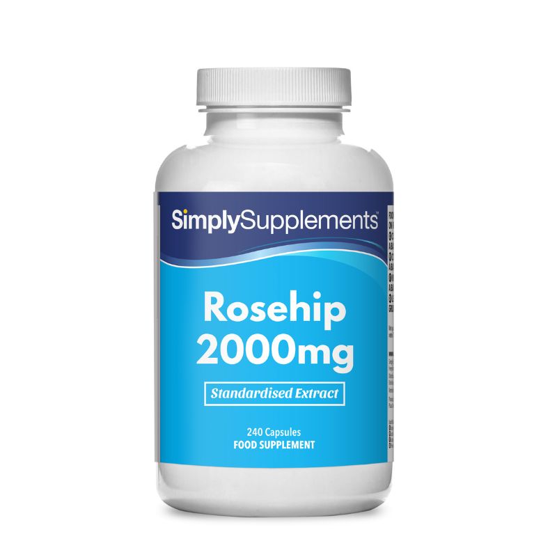 Flacon de compléments alimentaires portant l'étiquette «Églantier 2000mg Simply Supplements », de couleur bleu clair sur fond blanc.

