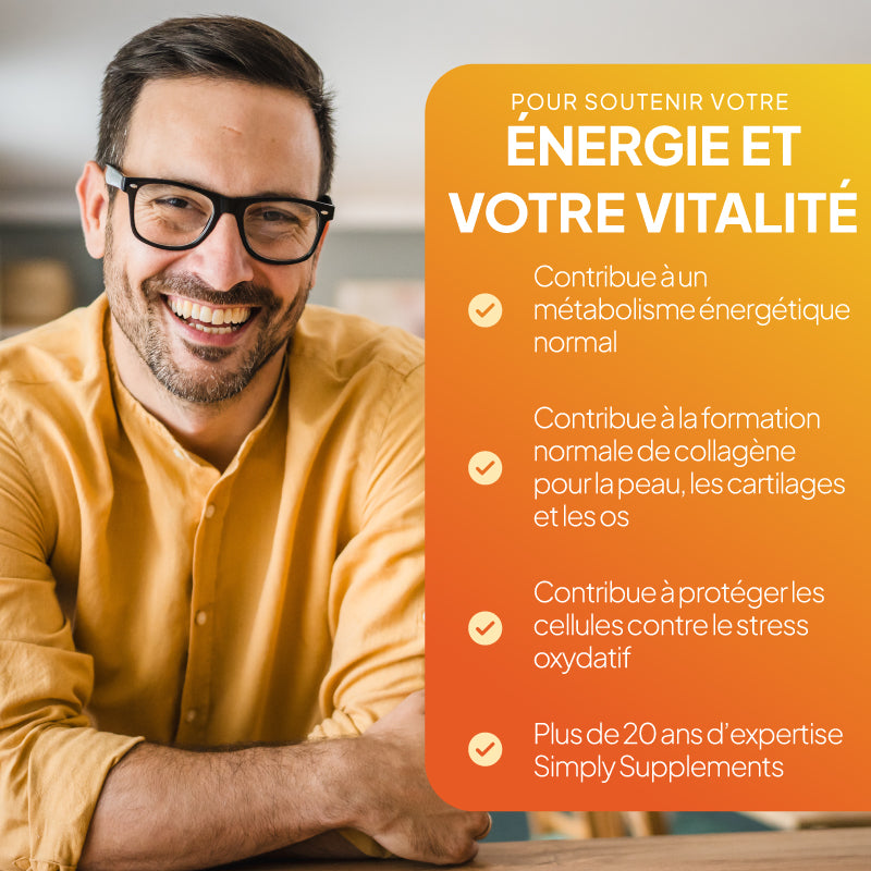 La vitamine C contribue au métabolisme énergétique et favorise la santé de la peau, du cartilage et des os.