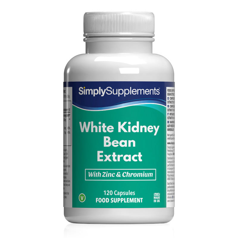 Flacon de compléments alimentaires portant l'étiquette « Extrait de Haricot Blanc Simply Supplements », de couleur vert  sur fond blanc.
