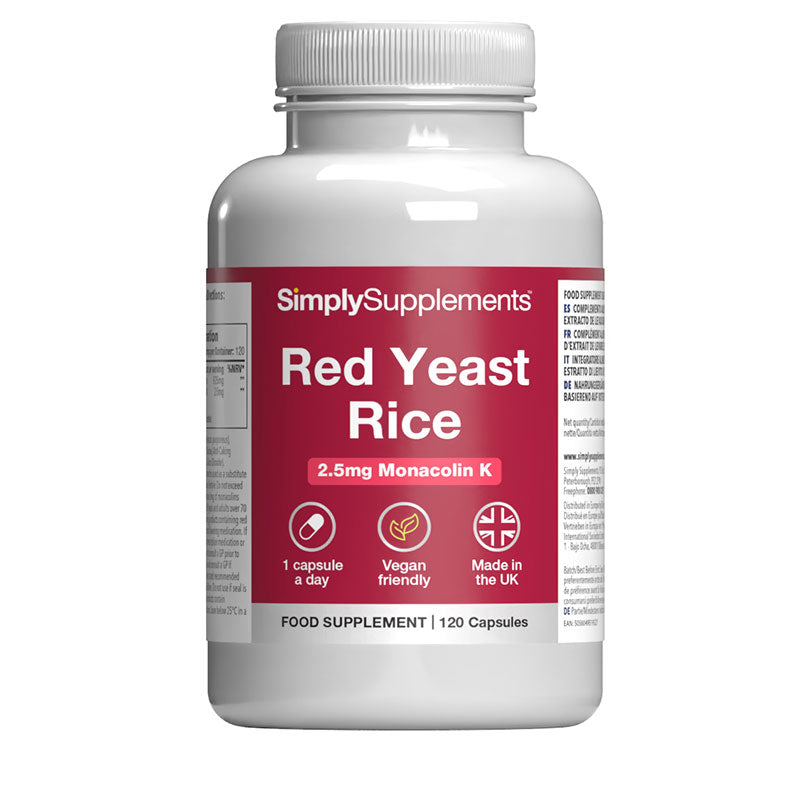 Flacon de compléments alimentaires portant l'étiquette « Extrait de Levure de Riz Rouge Simply Supplements », de couleur rouge sur fond blanc.