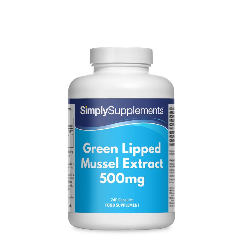 Flacon de compléments alimentaires portant l'étiquette « Extrait de Moules à Lèvres Vertes 500mg Simply Supplements », de couleur bleu claire sur fond blanc.
