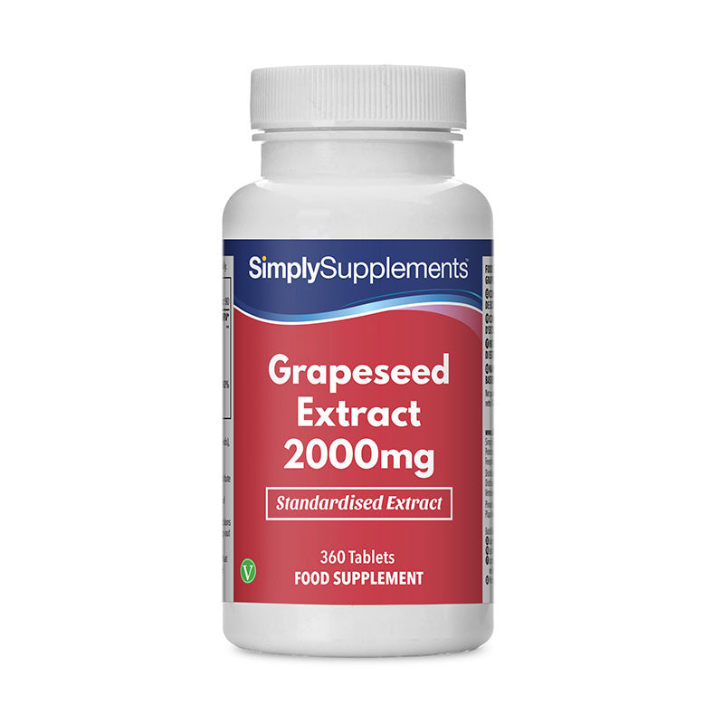 Flacon de compléments alimentaires portant l'étiquette « Extrait de Pépin de Raisin 2000mg Simply Supplements », de couleur rouge sur fond blanc.
