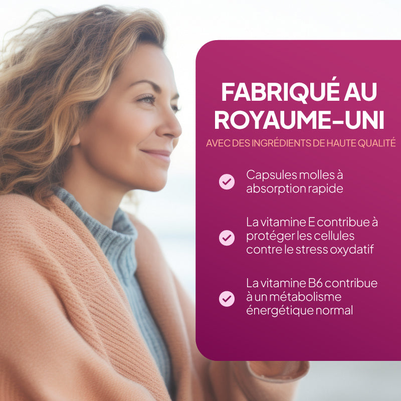 Une illustration promotionnelle représentant une femme de profil à gauche et, à droite, un grand encadré de texte en magenta rédigé en français, faisant la promotion d'un complément alimentaire « Royal Kingdom » et présentant, sous forme de liste à puces, des informations sur les gélules molles, la vitamine E et la vitamine B6.