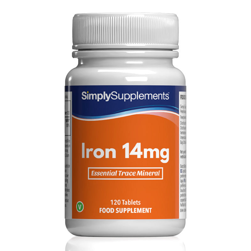 Flacon de compléments alimentaires portant l'étiquette « Fer 14mg Simply Supplements », de couleur orange sur fond blanc.

