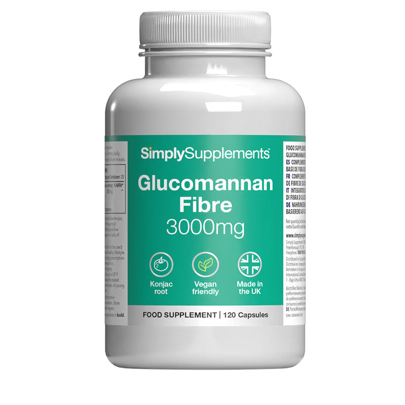 Flacon de compléments alimentaires portant l'étiquette « Fibre de Glucomannane 3000mg Simply Supplements », de couleur vert sur fond blanc.