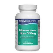 Flacon de compléments alimentaires portant l'étiquette « Fibre de Glucomannane 500mg Simply Supplements », de couleur vert sur fond blanc.
