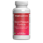 Flacon de compléments alimentaires portant l'étiquette « Formule Pression Artérielle Simply Supplements », de couleur rouge sur fond blanc.
