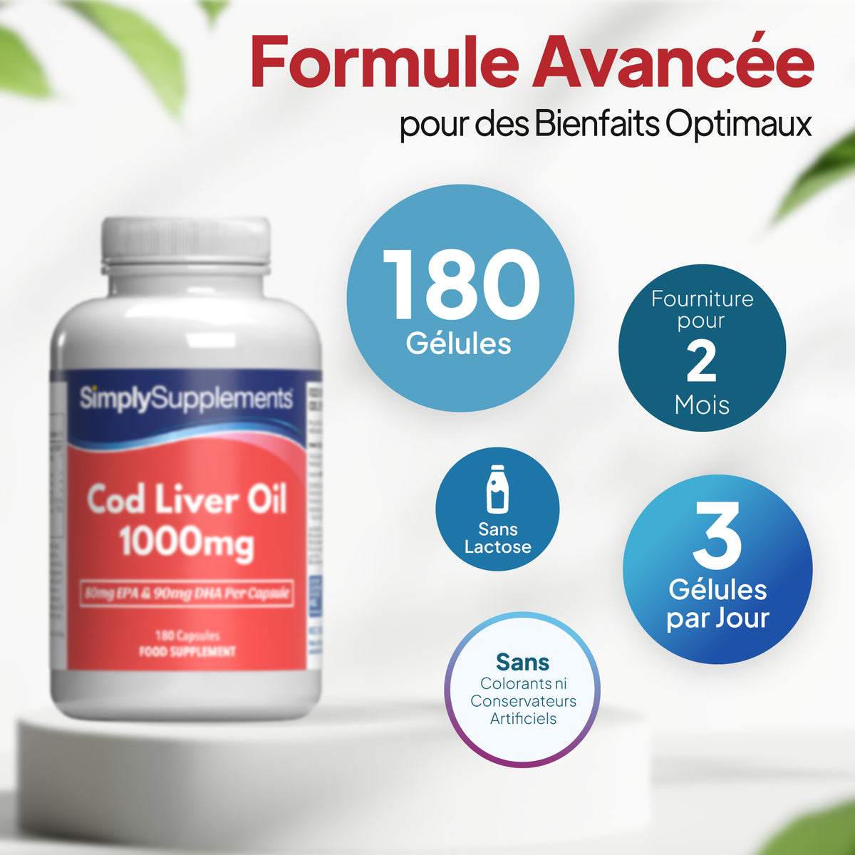 Un flacon de complément alimentaire « SimplySupplements » à l'huile de foie de morue 1 000 mg, présenté sur un socle blanc, entouré d'un texte promotionnel en français et de cercles illustrant ses caractéristiques.  180 gélules molles – à prendre 3 par jour. Approvisionnement pour 2 mois

