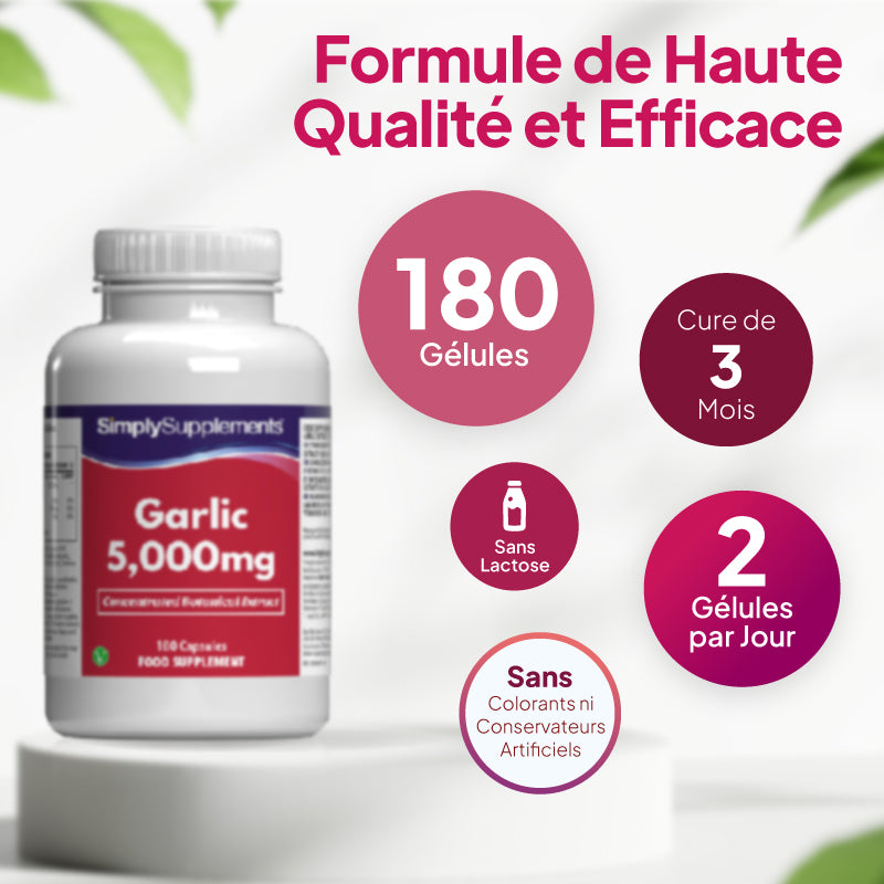 Un flacon de gélules de complément alimentaire « SimplySupplements Garlic 5 000 mg » présenté sur un socle, accompagné d'un texte promotionnel en français et d'encadrés circulaires indiquant la posologie et les bienfaits du produit.