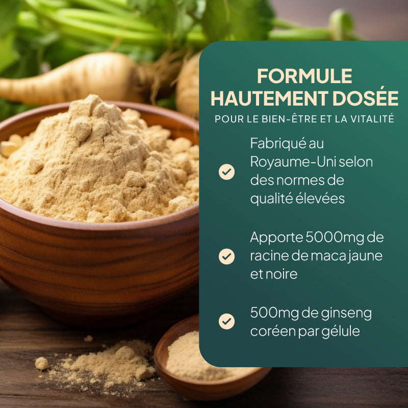 Illustration promotionnelle pour le produit « Simply Supplements Maca 5 000 mg au ginseng et au poivre noir », mettant en avant le fait que ce produit est fabriqué au Royaume-Uni selon les normes les plus strictes et qu'il contient 500 mg de racine de maca jaune et noire ainsi que 500 mg de ginseng coréen dans chaque gélule.
