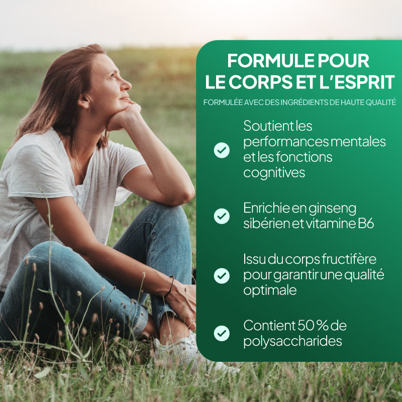 Illustration promotionnelle « Simply Supplements » consacrée à la crinière de lion et au ginseng sibérien, mettant en avant leur contribution aux performances mentales et aux fonctions cognitives ; enrichie en ginseng sibérien et en vitamine B6 ; crinière de lion issue du corps fructifère pour une efficacité maximale ; teneur en polysaccharides de 50 %.
