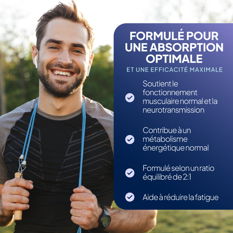 Les comprimés de calcium et de magnésium favorisent le bon fonctionnement musculaire et la neurotransmission, et améliorent le métabolisme énergétique.
