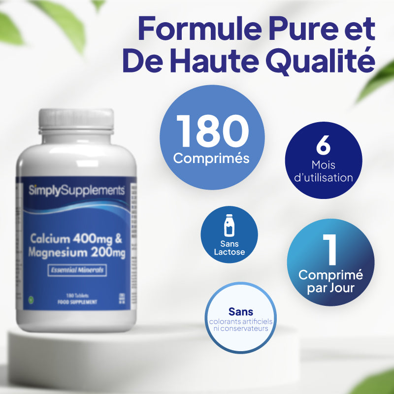 Comprimés Simply Supplements : 400 mg de calcium et 200 mg de magnésium – Approvisionnement pour 6 mois
