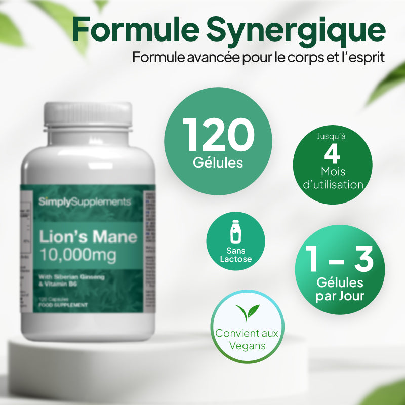 Illustration du complément alimentaire « Lion’s Mane et ginseng sibérien » de Simply Supplements indiquant 120 gélules, soit jusqu’à 4 mois d’approvisionnement, 1 à 3 gélules par jour, une formule sans lactose et adaptée aux végétaliens.
