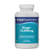 Flacon de compléments alimentaires portant l'étiquette « Gingembre 12.000mg Simply Supplements », de couleur bleu sur fond blanc.
