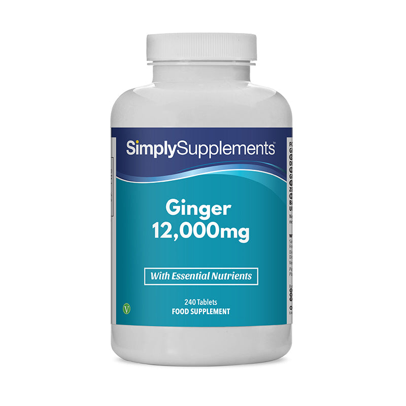 Flacon de compléments alimentaires portant l'étiquette « Gingembre 12.000mg Simply Supplements », de couleur bleu sur fond blanc.

