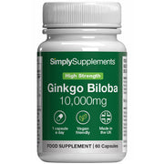 Flacon de compléments alimentaires portant l'étiquette « Ginkgo Biloba 10.000mg Simply Supplements », de couleur vert sur fond blanc.
