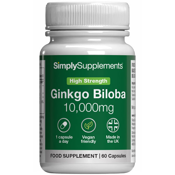 Flacon de compléments alimentaires portant l'étiquette « Ginkgo Biloba 10.000mg Simply Supplements », de couleur vert sur fond blanc.

