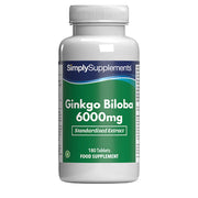 Flacon de compléments alimentaires portant l'étiquette « Ginkgo Biloba 6000mg Simply Supplements », de couleur vert sur fond blanc.
