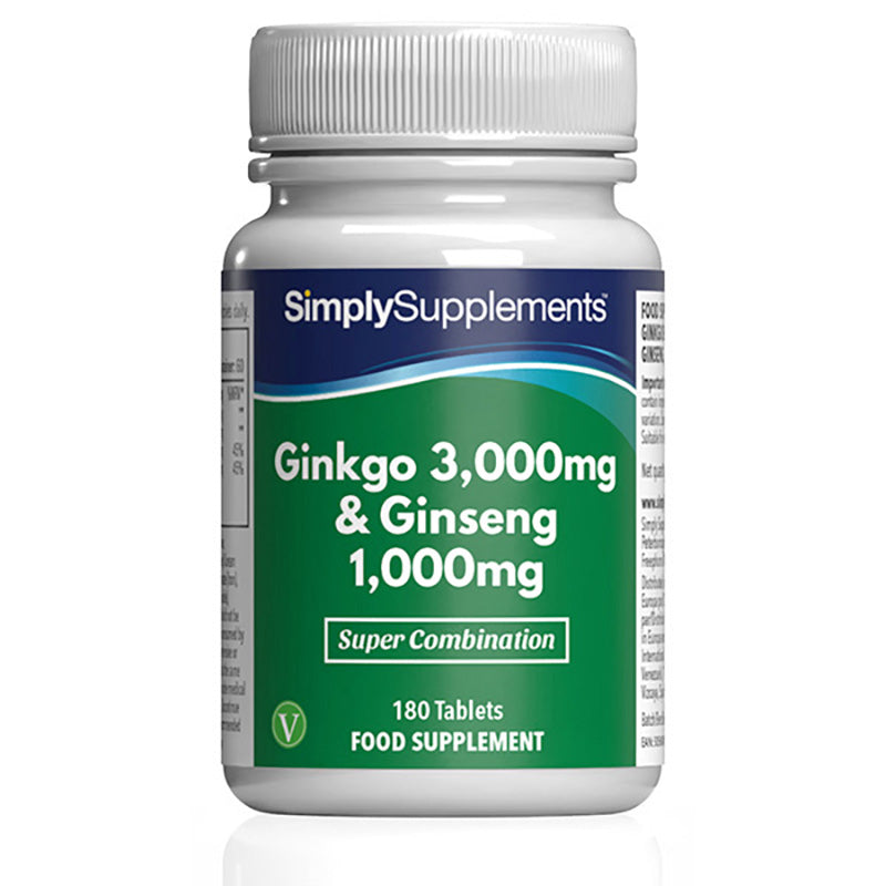 Flacon de compléments alimentaires portant l'étiquette « Ginkgo Biloba et Ginseng Coréen Simply Supplements », de couleur vert sur fond blanc.
