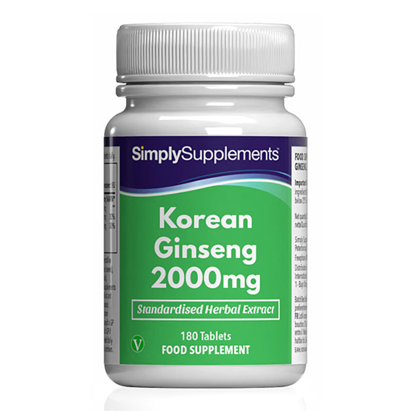 Flacon de compléments alimentaires portant l'étiquette « Ginseng Coréen 2000mg Simply Supplements », de couleur vert sur fond blanc.
