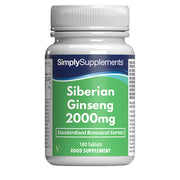 Flacon de compléments alimentaires portant l'étiquette « Ginseng Sibérien 2000mg Simply Supplements », de couleur vert sur fond blanc.
