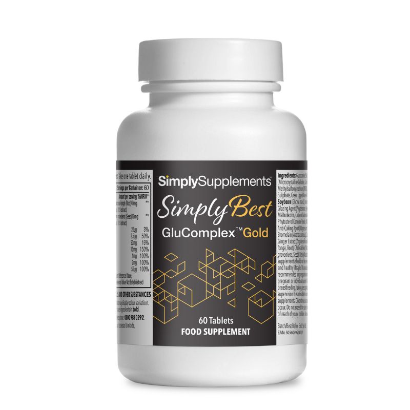 Flacon de compléments alimentaires portant l'étiquette « Glucomplex Gold Simply Supplements », de couleur noir sur fond blanc.

