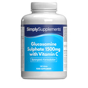 Flacon de compléments alimentaires portant l'étiquette « Glucosamine 1500mg et Vitamine C Simply Supplements », de couleur bleu clair sur fond blanc.
