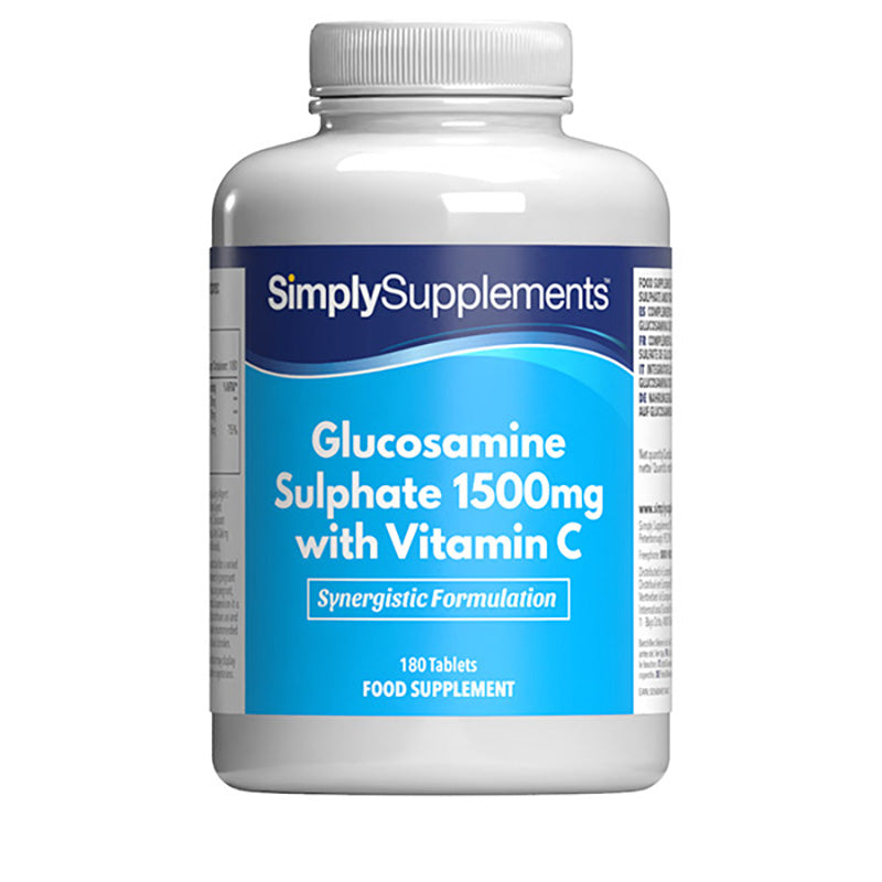 Flacon de compléments alimentaires portant l'étiquette « Glucosamine 1500mg et Vitamine C Simply Supplements », de couleur bleu clair sur fond blanc.
