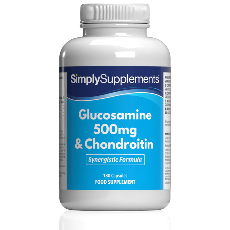 Flacon de compléments alimentaires portant l'étiquette «Glucosamine 500mg & Chondroïtine Simply Supplements », de couleur violette sur fond blanc.
