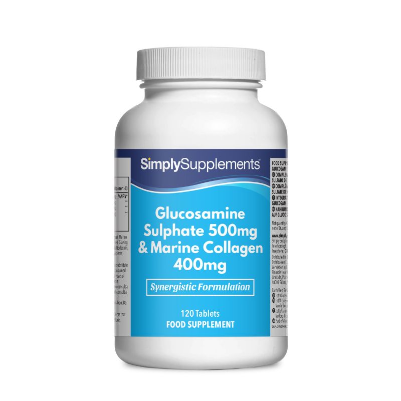 Flacon de compléments alimentaires portant l'étiquette « Glucosamine 500mg & Collagène Marin 400mg Simply Supplements », de couleur bleu clair sur fond blanc.
