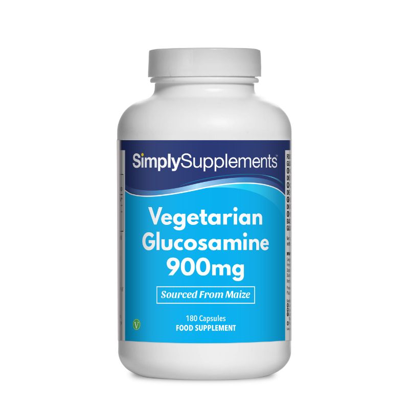 Flacon de compléments alimentaires portant l'étiquette «Glucosamine 900mg Végétarienne Simply Supplements », de couleur bleu clair sur fond blanc.
