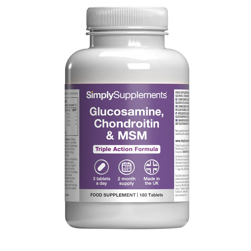 Flacon de compléments alimentaires portant l'étiquette « Glucosamine, Chondroïtine & MSM Simply Supplements », de couleur violette sur fond blanc.
