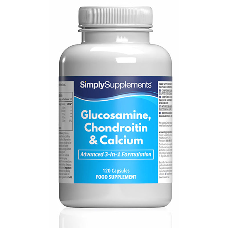 Flacon de compléments alimentaires portant l'étiquette « Glucosamine, Chondroïtine & Calcium Simply Supplements », de couleur bleu clair sur fond blanc.

