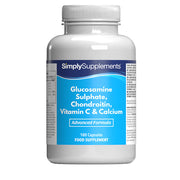 Flacon de compléments alimentaires portant l'étiquette « Glucosamine, Chondroïtine, Vitamine C & Calcium Simply Supplements », de couleur bleu clair sur fond blanc.
