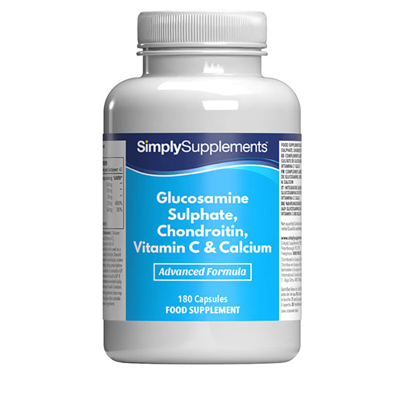 Flacon de compléments alimentaires portant l'étiquette « Glucosamine, Chondroïtine, Vitamine C & Calcium Simply Supplements », de couleur bleu clair sur fond blanc.
