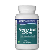 Flacon de compléments alimentaires portant l'étiquette « Graines de Courge 2000mg Simply Supplements », de couleur vert sur fond blanc.
