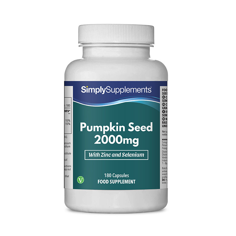 Flacon de compléments alimentaires portant l'étiquette « Graines de Courge 2000mg Simply Supplements », de couleur vert sur fond blanc.
