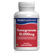 Flacon de compléments alimentaires portant l'étiquette « Grenade 10.000mg Simply Supplements », de couleur rouge sur fond blanc.
