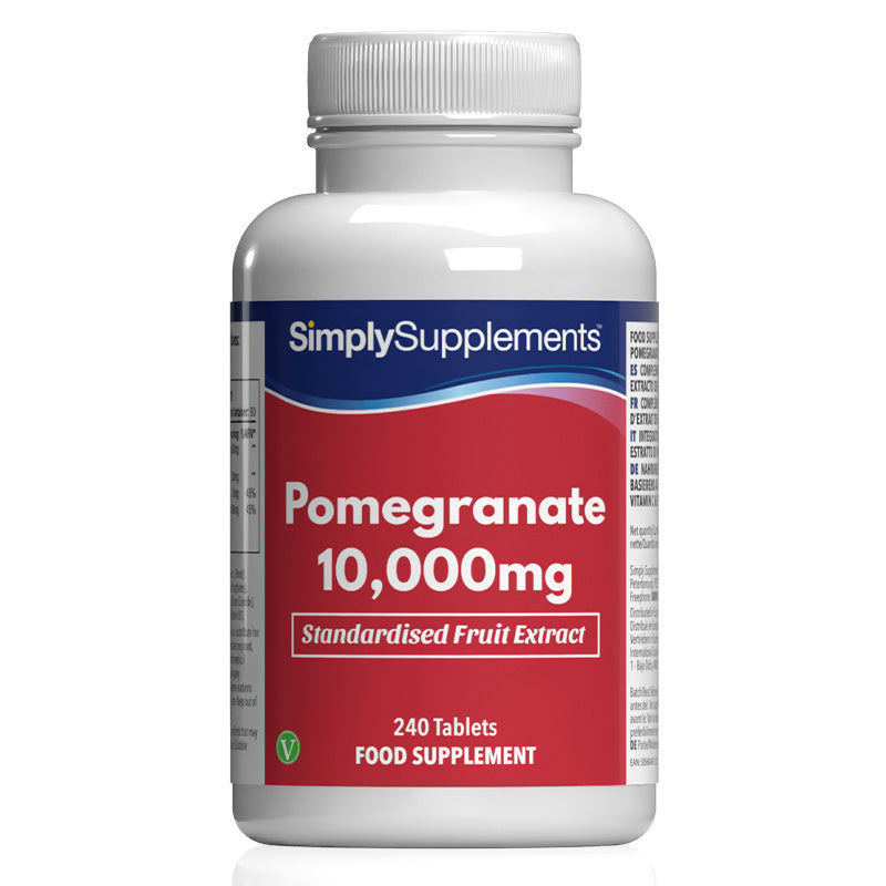 Flacon de compléments alimentaires portant l'étiquette « Grenade 10.000mg Simply Supplements », de couleur rouge sur fond blanc.
