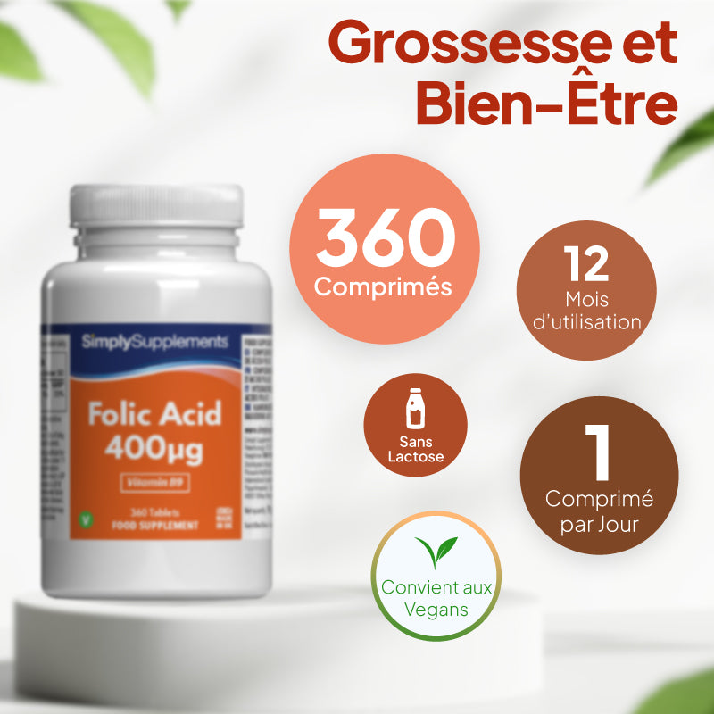 Un flacon du complément alimentaire « SimplySupplements Acide folique 400¹g » présenté sur un socle blanc, accompagné d'un texte promotionnel en français et de bulles circulaires indiquant la posologie, la durée du traitement, l'absence de lactose, la compatibilité avec un régime végétalien et l'utilisation quotidienne.