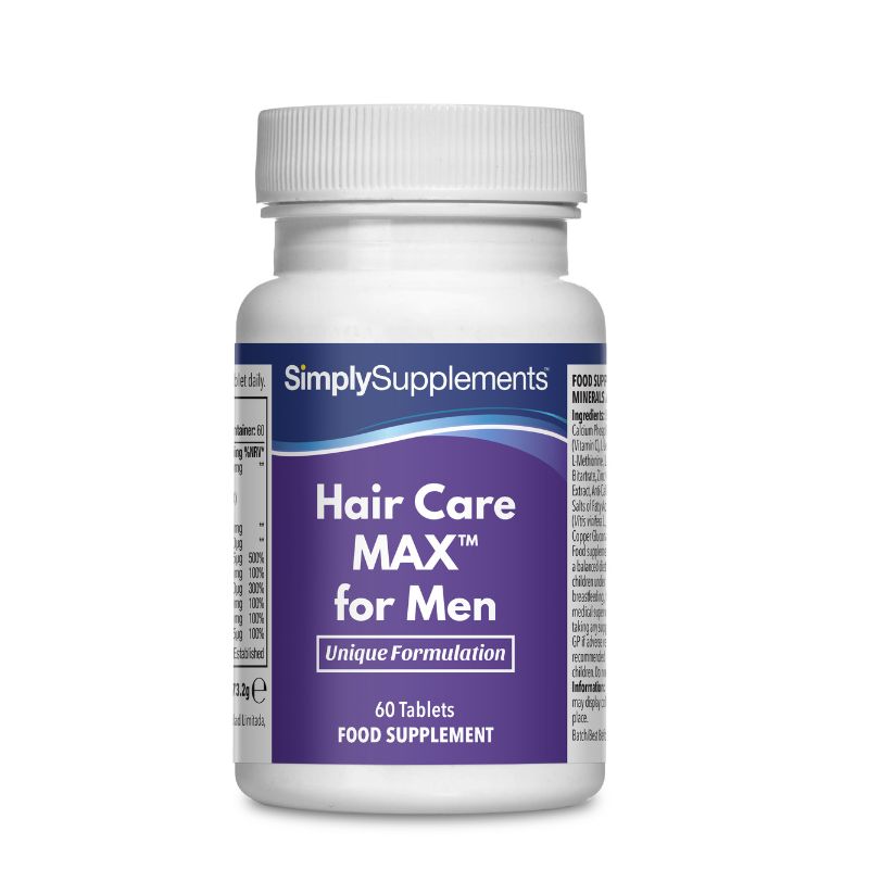 Flacon de compléments alimentaires portant l'étiquette «Hair Care MAX pour hommes Simply Supplements », de couleur violette sur fond blanc.
