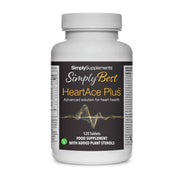 Flacon de compléments alimentaires portant l'étiquette « HeartAce Plus Simply Supplements », de couleur noir sur fond blanc.
