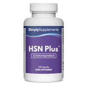 Flacon de compléments alimentaires portant l'étiquette « HSN Plus Cheveux, Peau, Ongles Simply Supplements », de couleur violette sur fond blanc.
