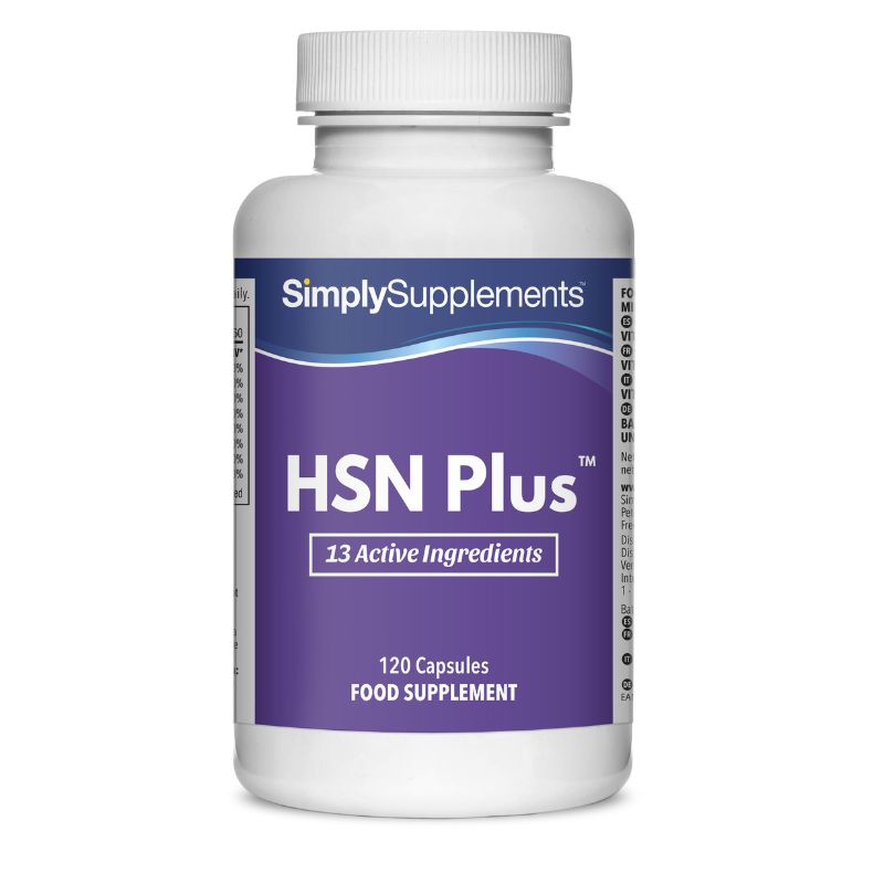 Flacon de compléments alimentaires portant l'étiquette « HSN Plus Cheveux, Peau, Ongles Simply Supplements », de couleur violette sur fond blanc.
